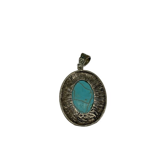 Turquoise and Silver Oval Cabochon Pendant Fashion 1.5 inch - Picture 5 of 5